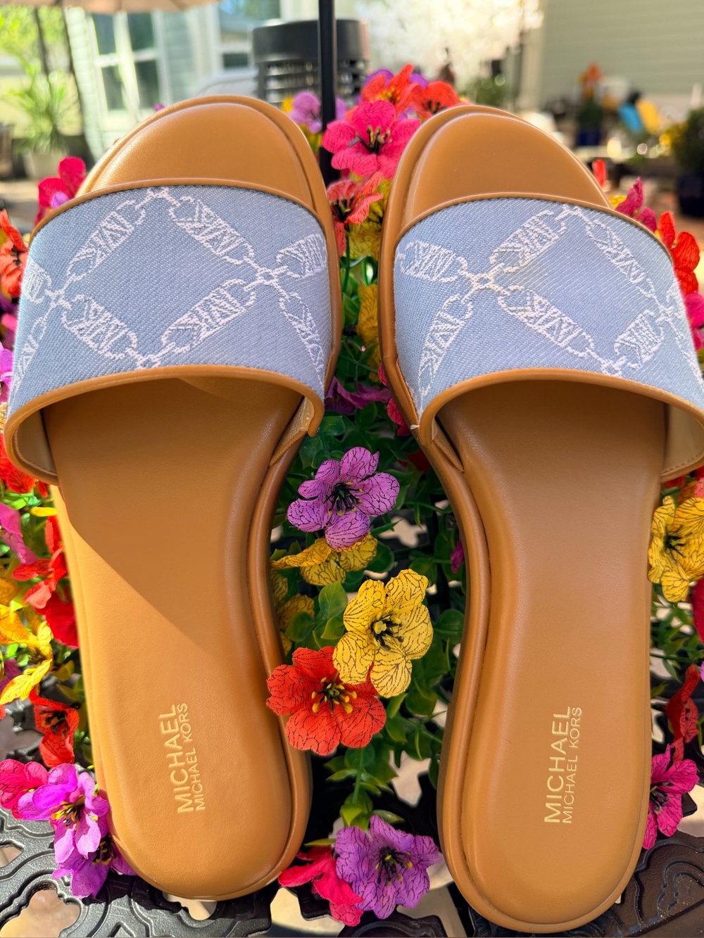 Michael Kors Tan & Light Blue Slide Sandals